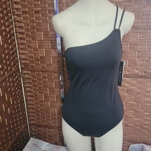 La Blanca Black One-Shoulder Island Goddess Swimsuit Lace-up Back Detail